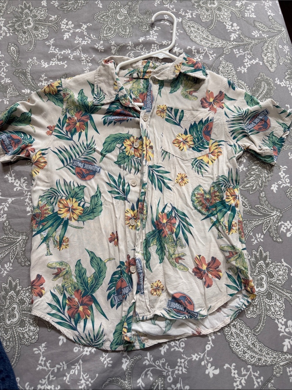 Men's Floral Short-Sleeve Button-Up Shirt - Cream/Green